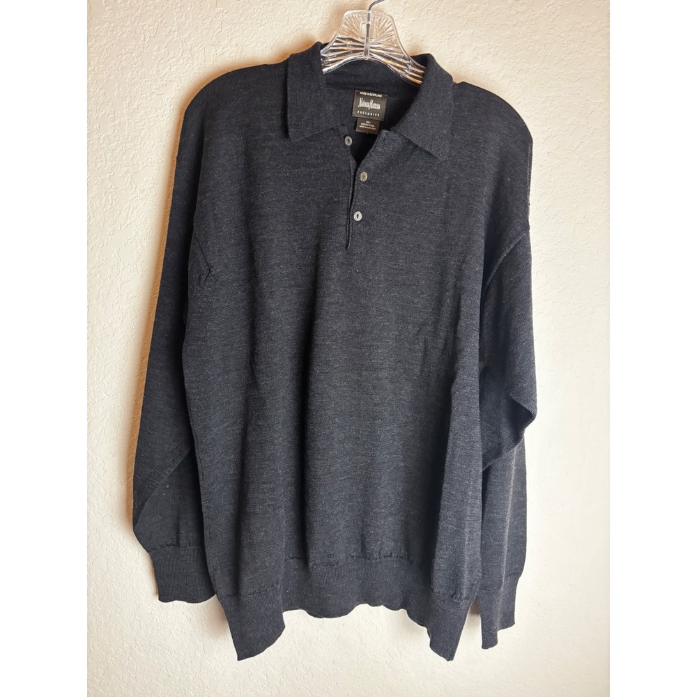 Neiman Marcus Exclusive Mens Merino Wool Polo Sweater Charcoal Grey Scotland L